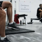 Courbatures apres musculation bon signe : main sur cuisse en salle, récupération