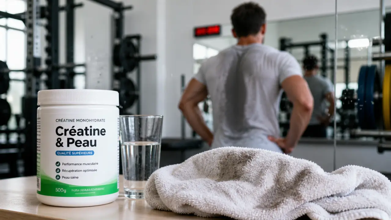 Créatine effet sur la peau : pot, eau, salle de sport