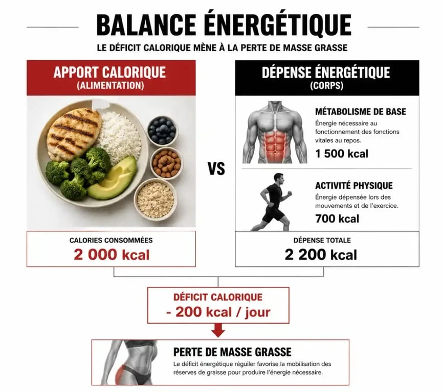 Schéma explicatif du principe du déficit calorique pour la perte de poids