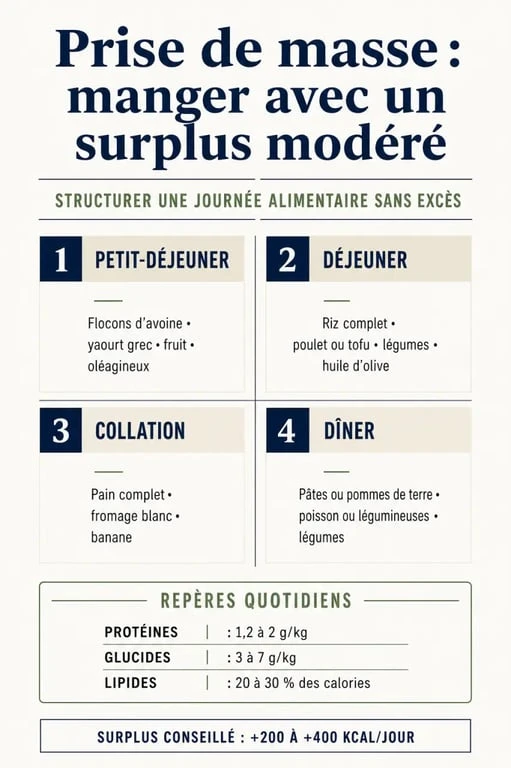 Visuel manger prise de masse montrant un surplus calorique modéré, des repères de macronutriments et une journée alimentaire type