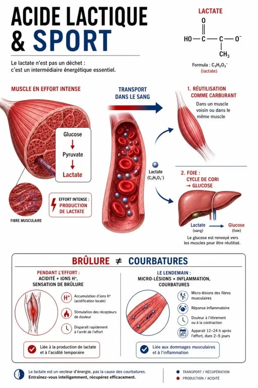 Acide lactique et sport : schéma explicatif sur la production et la réutilisation du lactate pendant l’effort