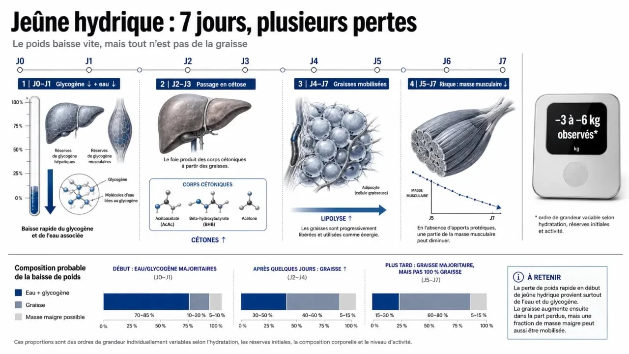 Ne pas manger pendant 7 jours combien de kilos perdus : schéma sur la perte d’eau, de glycogène, de graisse et de muscle