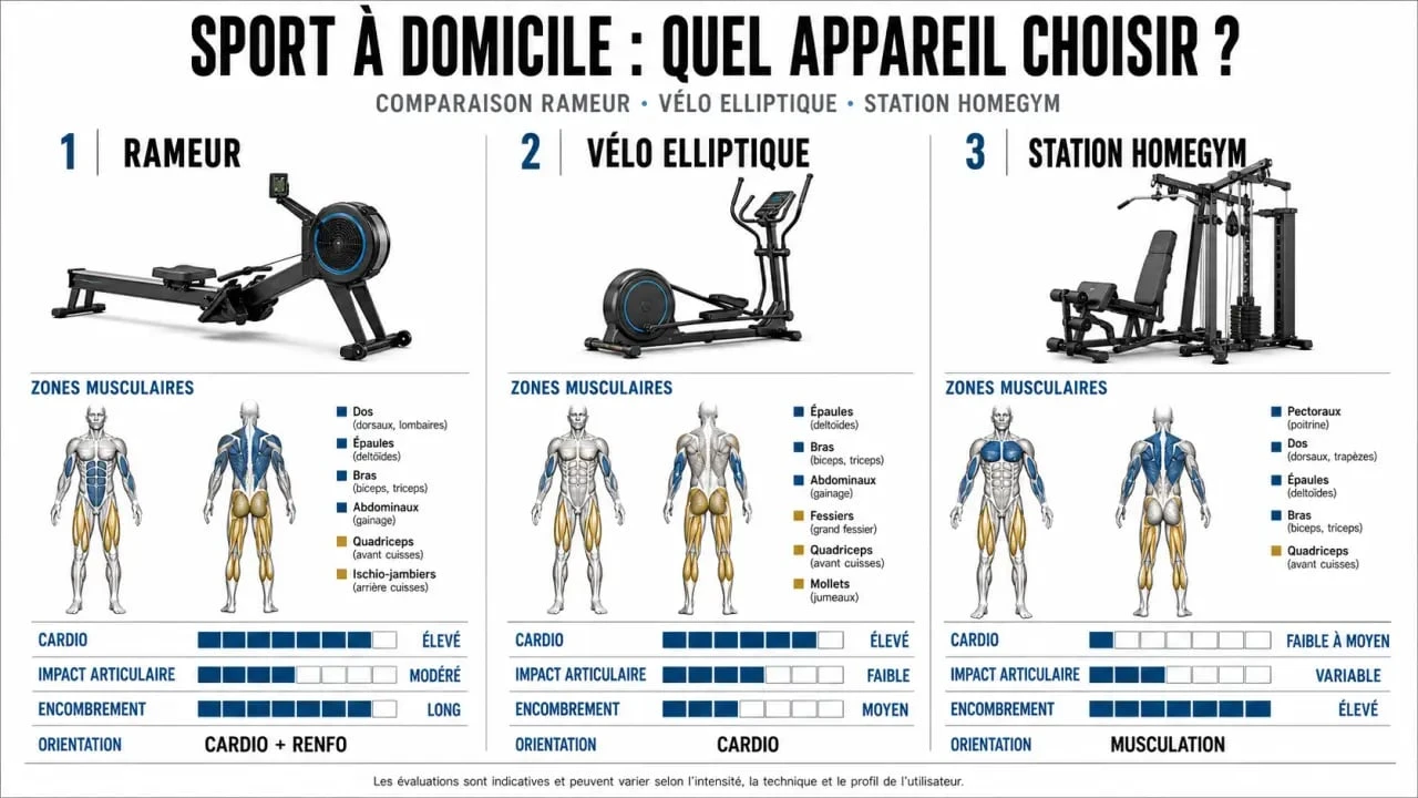 Appareil de sport qui fait travailler tout le corps : comparaison entre rameur, vélo elliptique et station homegym
