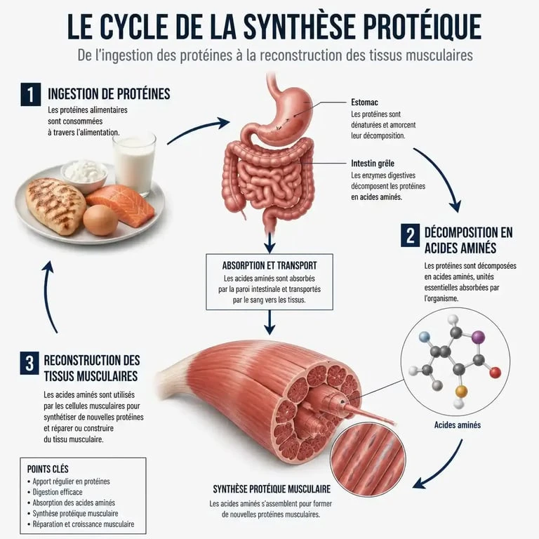 Schéma de la synthèse protéique et rôle des acides aminés essentiels
