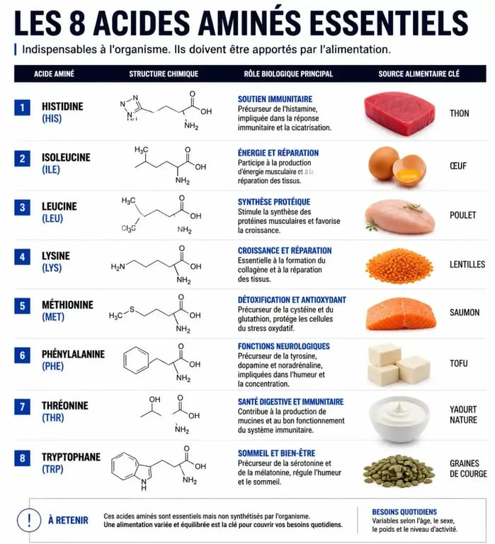 Infographie des 8 acides aminés essentiels et leurs sources alimentaires