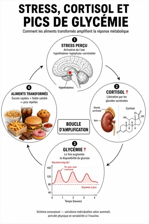 Infographie sur le lien entre alimentation et cortisol, illustrant les aliments à éviter pour gérer le stress