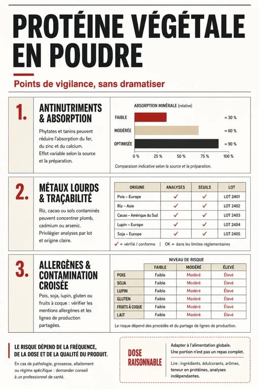 Protéine végétale en poudre danger : infographie sur les risques principaux, les points de vigilance et la lecture d’étiquette
