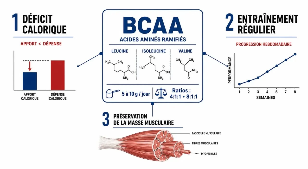 BCAA perte de poids : schéma éditorial sur le déficit calorique, les dosages et la préservation de la masse musculaire