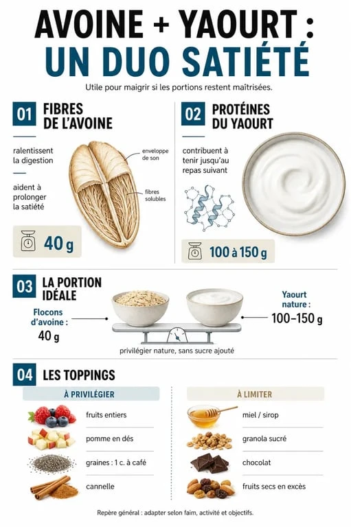 Infographie flocon d avoine et yaourt pour maigrir avec portions, fibres et protéines