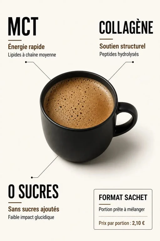 Infographie sur le keto coffee avec MCT, collagène, sans sucres et prix par portion