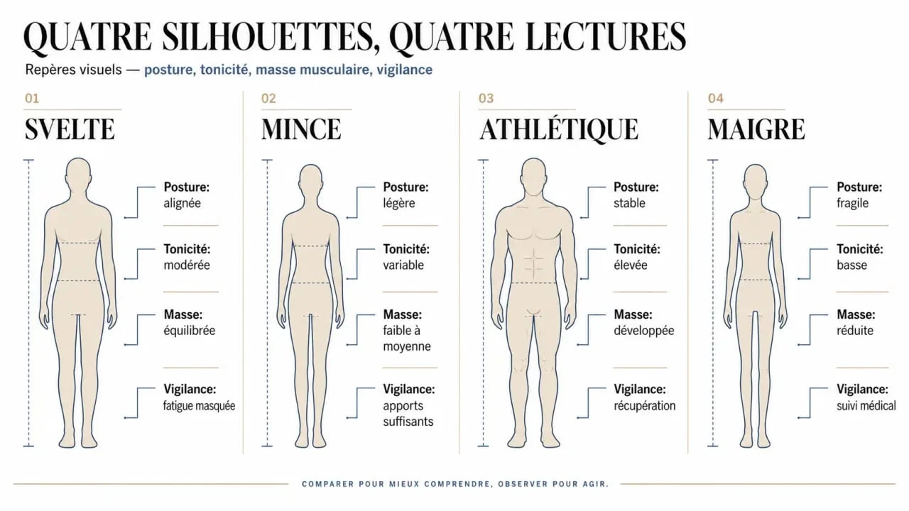 corp svelte : comparaison visuelle entre silhouette svelte, mince, athlétique et maigre