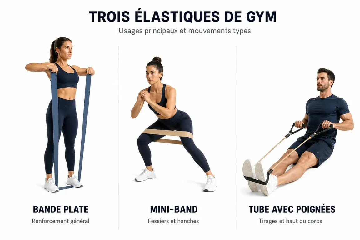 Gym avec un élastique : bande plate, mini-band et tube avec poignées