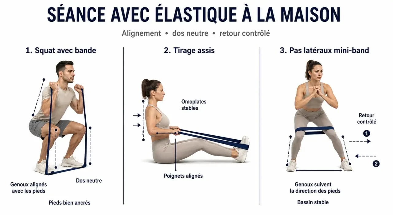 Gym avec un élastique : squat, tirage assis et pas latéraux avec bonne posture