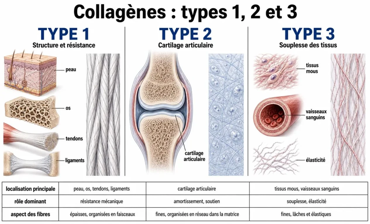 Collagene type 1 2 3 difference : schéma comparatif des rôles du type 1, du type 2 et du type 3 dans la peau, le cartilage et les tissus mous