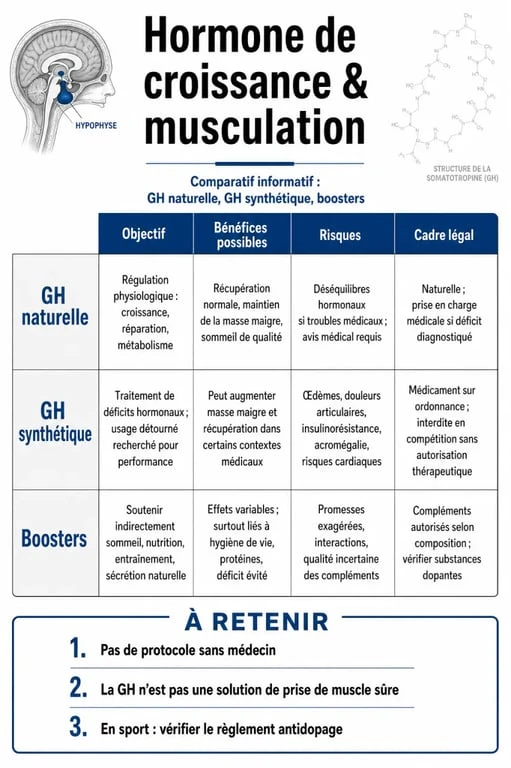 Hormone de croissance pour musculation : tableau comparatif GH naturelle, GH synthétique et boosters