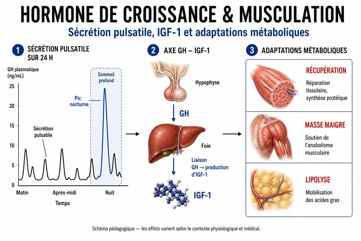 Hormone de croissance pour musculation : schéma de la sécrétion nocturne de GH et de l'action IGF-1