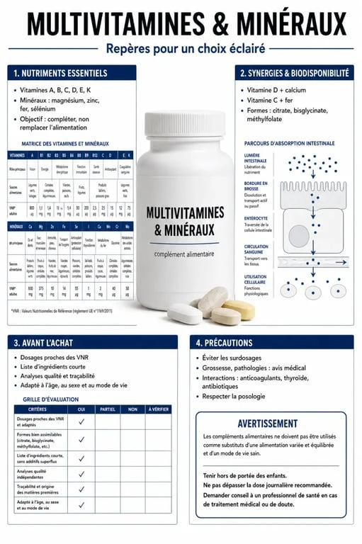 Infographie sur les multi vitamines et mineraux : composition, synergies, critères de choix et précautions