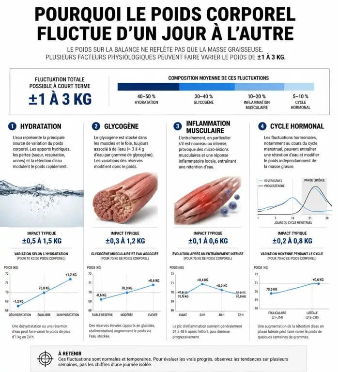 Infographie explicative sur les causes de fluctuation du poids lors de la pesée quotidienne