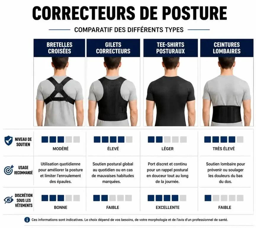 Infographie comparative des différents types de correcteurs de posture pour choisir le meilleur correcteur de posture adapté à vos besoins.