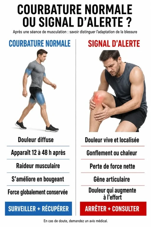 Courbatures après musculation bon signe : comparaison entre courbature normale et signal d'alerte