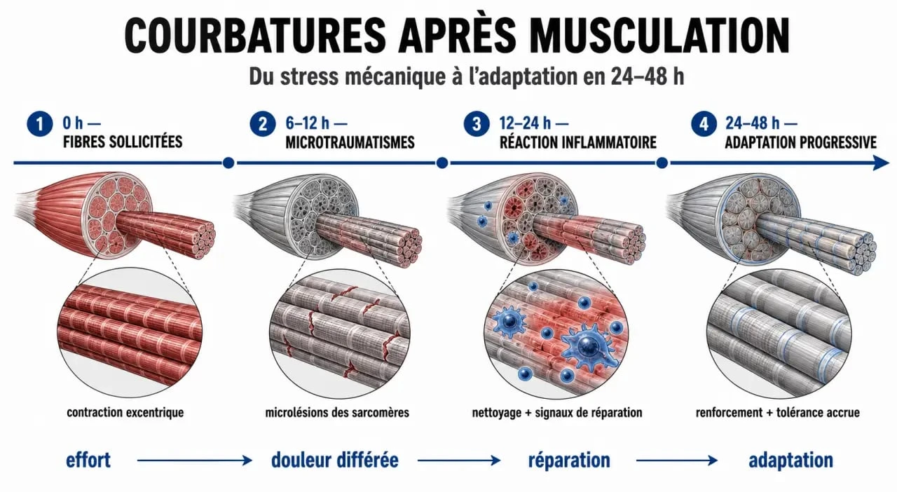 Courbatures après musculation bon signe : schéma du processus de microtraumatismes et de réparation musculaire