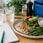 Menu regime proteine 2 semaines : assiette poulet, légumes, fromage blanc