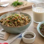 Sources de proteines vegetales : quinoa, lentilles, pois chiches et boisson au soja