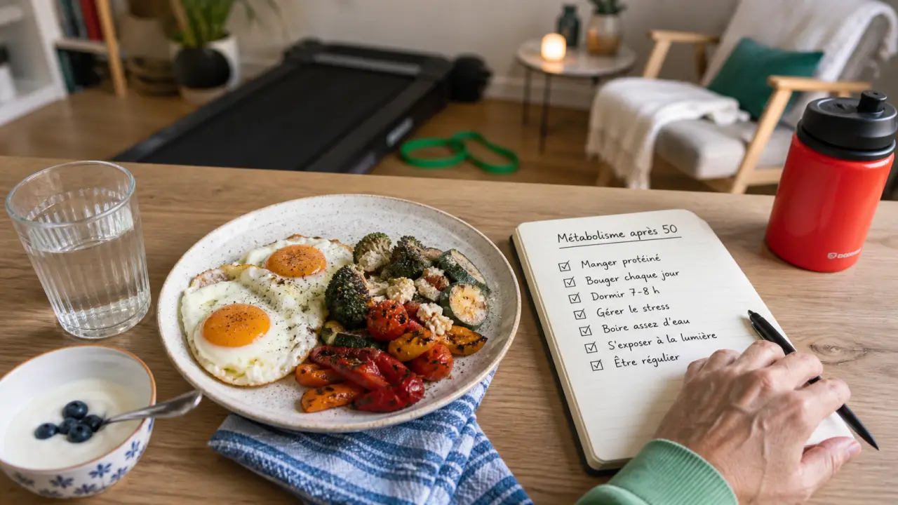 Comment augmenter son metabolisme apres 50 ans : assiette protéines, carnet habitudes et sommeil