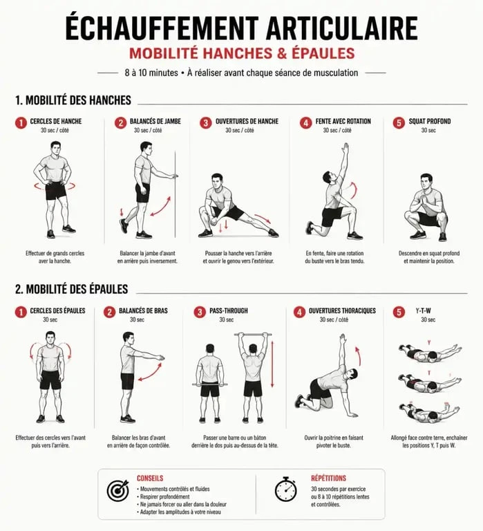 Routine d'échauffement articulaire essentielle avant une séance de musculation le matin.