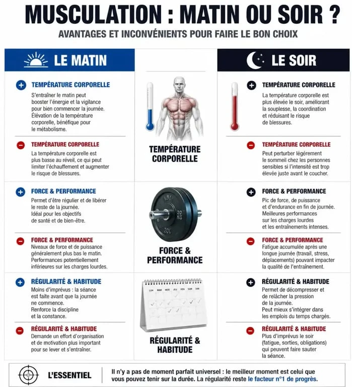 Tableau comparatif des bénéfices de la musculation le matin versus le soir pour optimiser ses résultats.