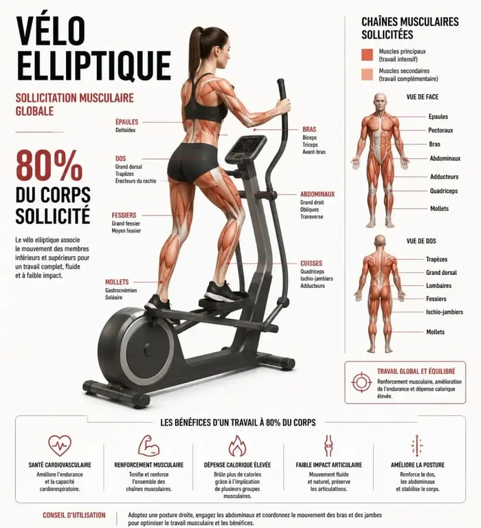 Schéma des muscles sollicités par le vélo elliptique selon l'avis d'un kinésithérapeute