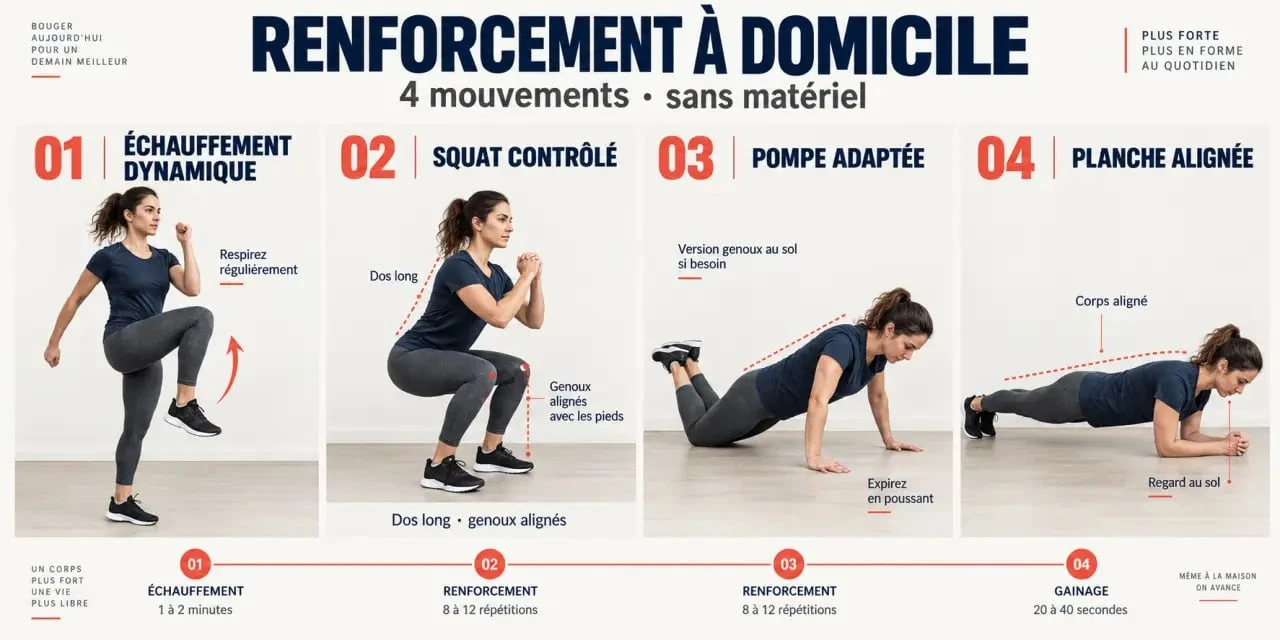 Séance de renforcement musculaire sans matériel avec échauffement, squat, pompes et planche
