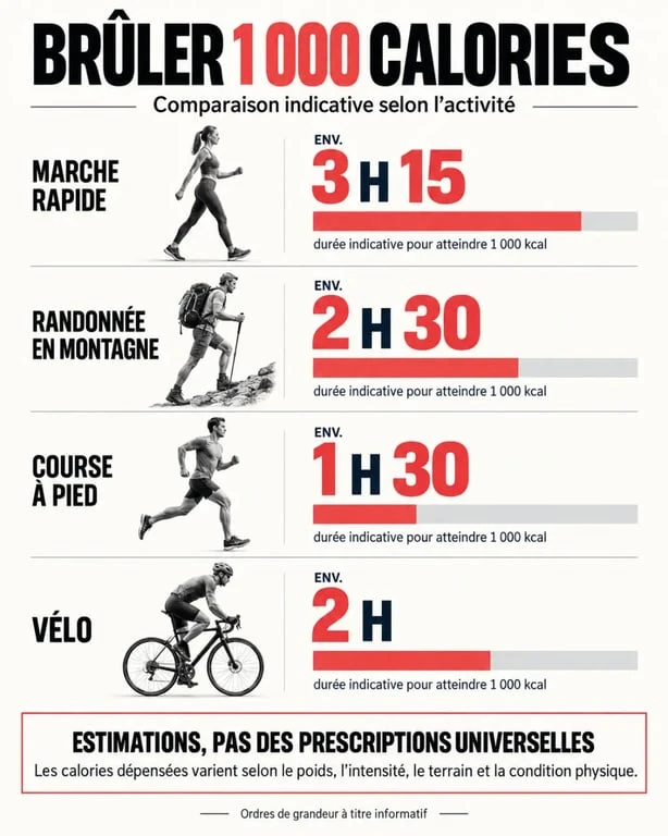 Infographie pour brûler 1000 calories par jour selon l’activité physique et sa durée