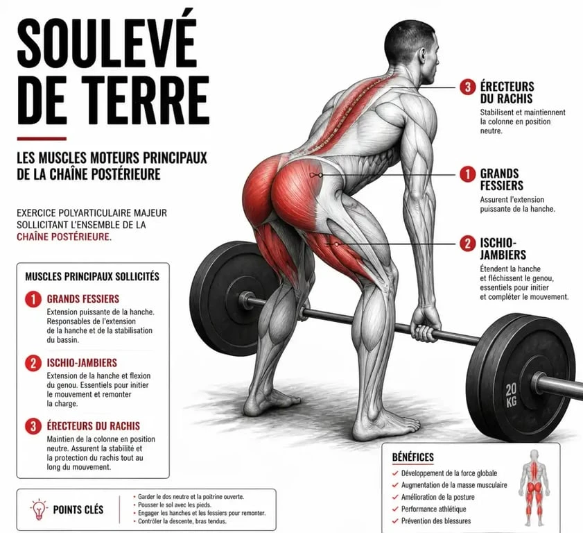 Schéma anatomique des muscles moteurs sollicités par le soulevé de terre