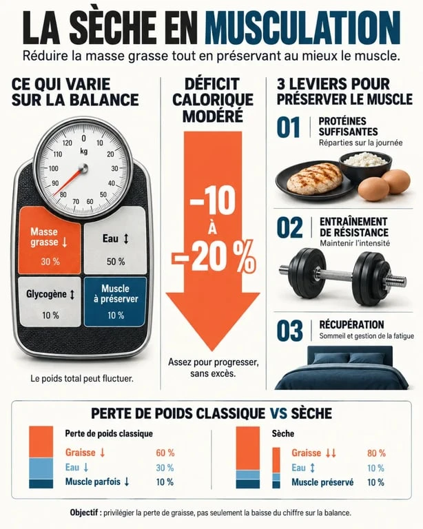 Infographie expliquant ce qu’est une sèche en musculation et la différence avec une simple perte de poids