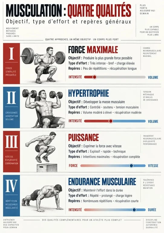 Infographie sur la musculation pour la force, l'hypertrophie, la puissance et l'endurance musculaire