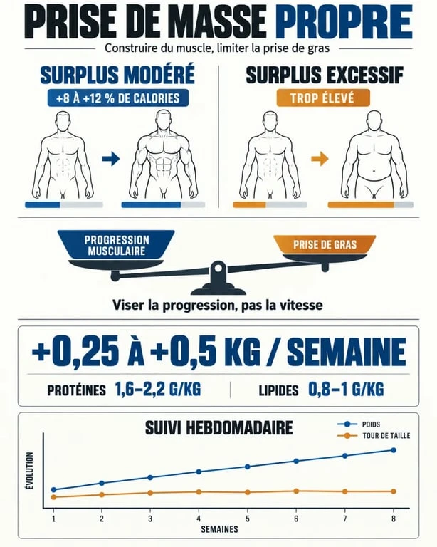 Infographie sur la prise de masse propre avec surplus calorique, macros et suivi de la progression