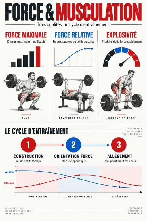 Infographie sur la force musculation : force maximale, force relative, explosivité et cycle d'entraînement