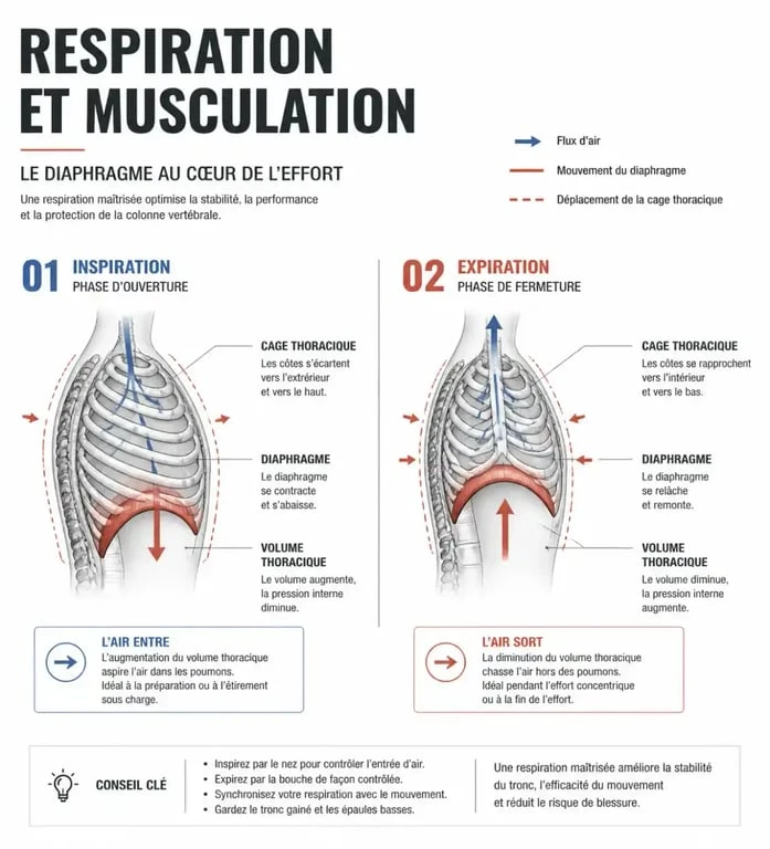 Schéma de la respiration en musculation montrant le rôle du diaphragme