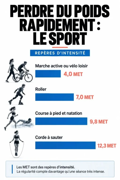 Infographie pour perdre poids rapidement sport : dépense relative des activités selon leur niveau de MET