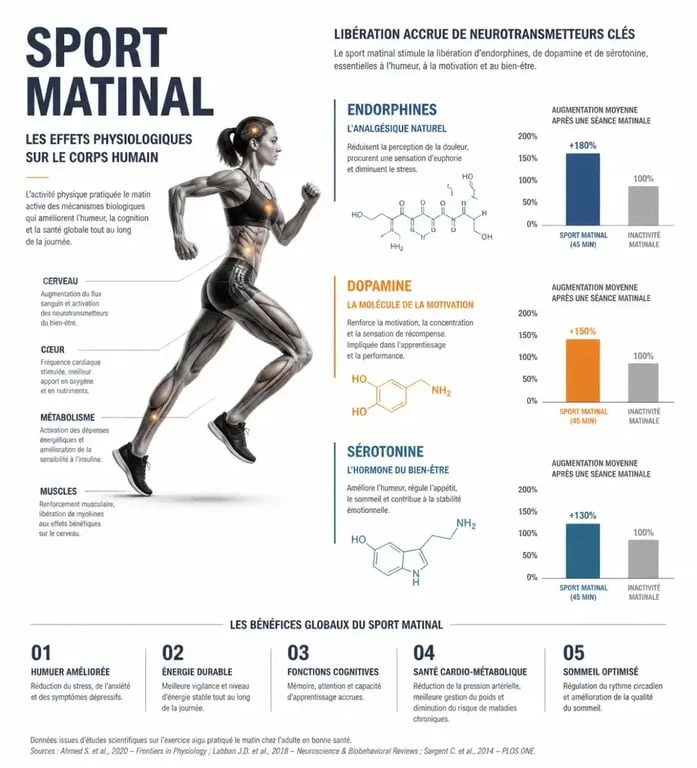 Infographie sur les bienfaits physiologiques du sport matinal et la libération d'endorphines
