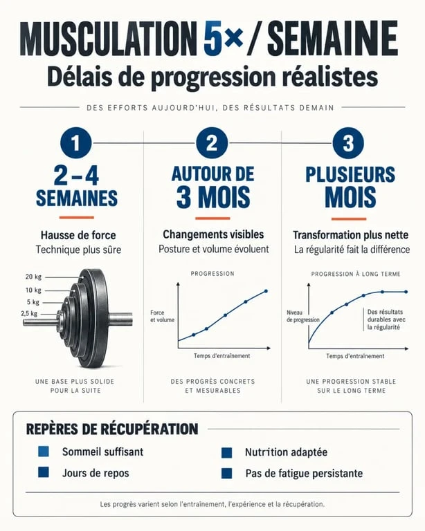 Musculation 5 fois par semaine : chronologie des résultats et repères de récupération