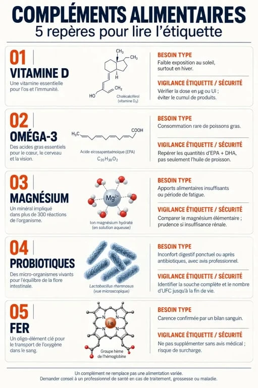 Infographie comparative sur les meilleurs compléments alimentaires et leurs principaux points de vigilance