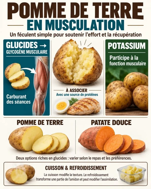 Infographie sur la pomme de terre musculation, ses glucides, son potassium et sa comparaison avec la patate douce