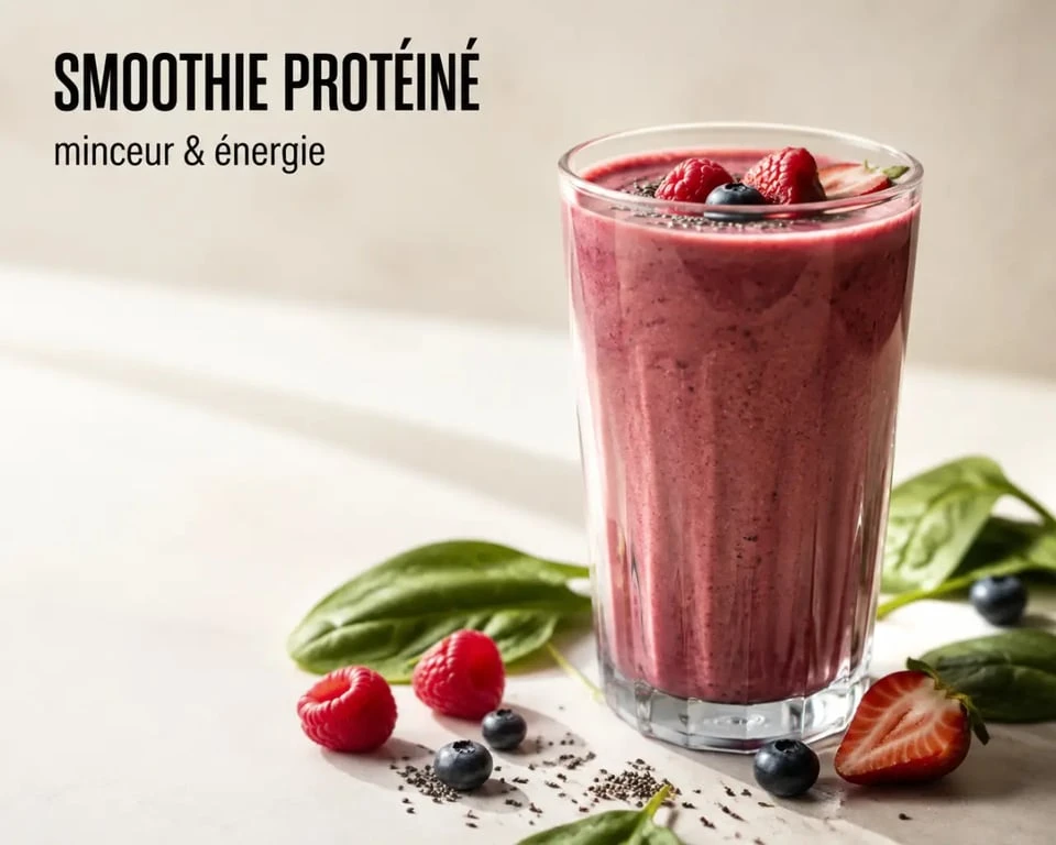 Smoothie proteine pour maigrir servi dans un verre avec fruits rouges et graines de chia