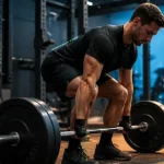 Souleve de terre muscle : homme en rack, dos neutre et trajectoire barre près des tibias