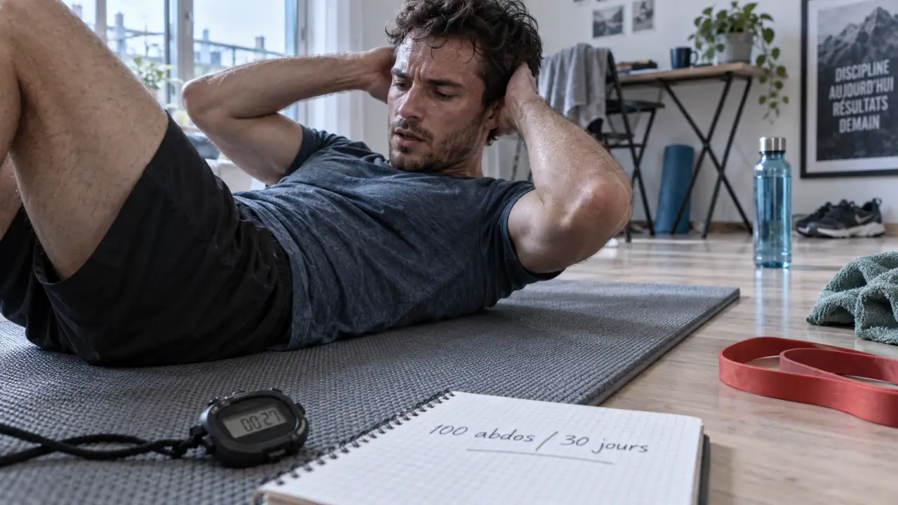 100 abdos par jour en 30 jours : tapis, chrono, carnet