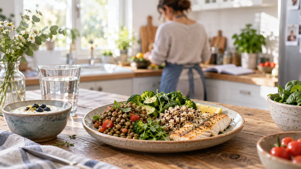 Assiette alimentation ménopause : quinoa, poisson et yaourt pour os et muscles