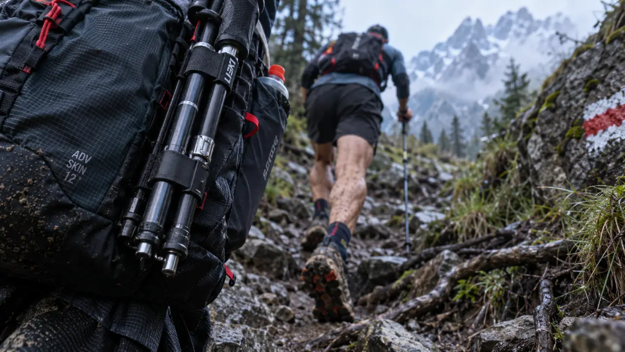 Bâtons de trail pliables sur sentier de montagne, traileur en montée