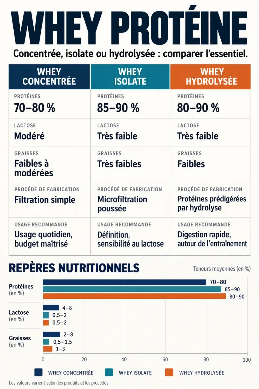Infographie comparative de la whey protéine concentrée, isolate et hydrolysée